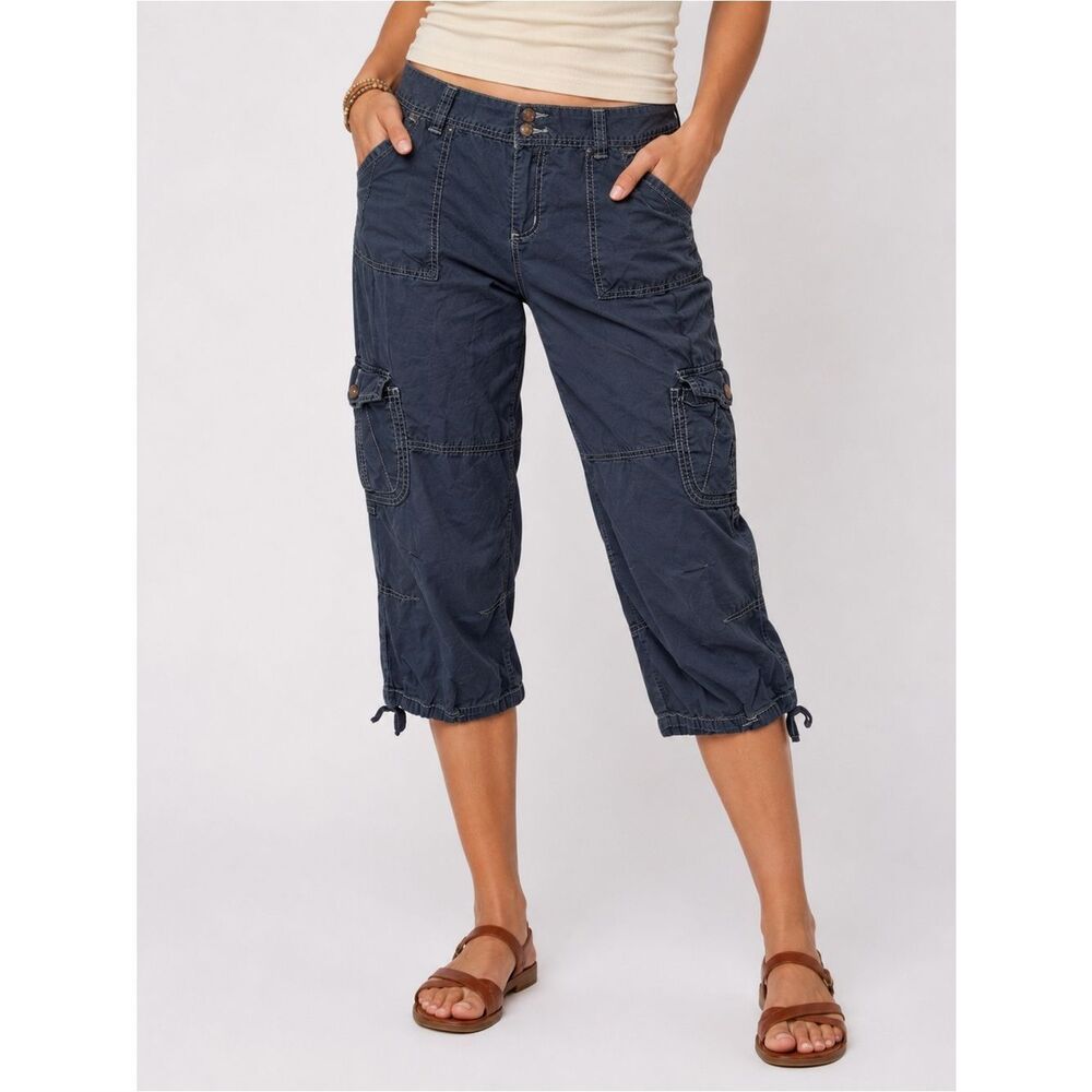 UNIONBAY Solid Navy Blue Cropped Capri Cargo Pants Pockets Drawstring - Picture 2 of 15